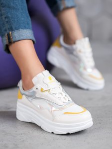 Shelovet - Modne biaŁe sneakersy - odcienie żółtego i złota || biały
