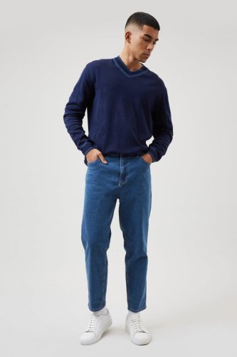 Men'S Loose Crop Mid Blue Jeans - 30R