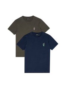 Mens 2 Pack Embroidered Navy And Khaki T-Shirts, Blue