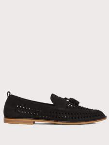 Burton - Mens black pu leather look weave tassel loafers, black