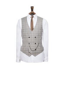 Mens Grey And Neutral Prince Of Wales Check Slim Fit Suit Waistcoat, LT GREY