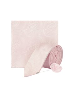 Burton - Mens light pink wedding paisley tie and matching pocket square with a flower pin, pink