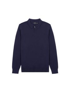 Burton - Mens navy knitted zip polo jumper with organic cotton, navy