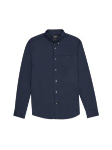 Mens Navy Long Sleeve Muscle Fit Stretch Oxford Shirt, Blue