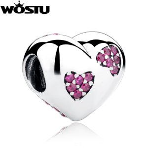 100% 925 Sterling Silver Heart Love Charm Beads With Pink CZ Fit Original wst Bracelet Bangle Authentic DIY Jewelry Gift