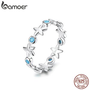 11.11 Sales Starfish Stackable Finger Rings Solid Sterling Silver 925 Ocean Blue Ring for Women Fine Jewelry Gifts SCR527