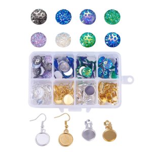 1Box DIY Earring Sets with Resin Cabochons Alloy Hook Earring Findings and Brass Clip-on Earring Components Mixed Color 11x7x3cm