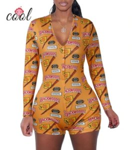 2020 Long sleeve V neck Bodycon Stretchy backwoods Onesie Shorts Rompers Adult Onesie Pajamas For Women