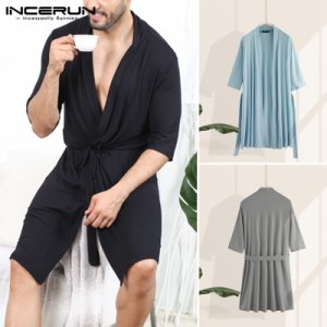 2020 Men Robes Half Sleeve V Neck Sleepwear Casual Solid Color Pajamas Unisex Couple Bathrobe Loose Summer Comfortable Kimono