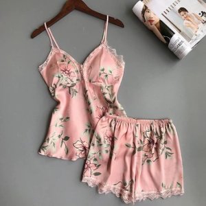 2PCS Women Girl Sexy Summer Pajama Sets Shorts Babydoll Sleepwear Lingerie Silk Satin Lace Nightwear Sleepwear Set