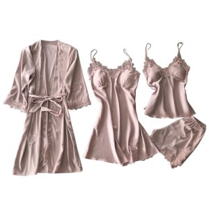 4 Pcs/set Women Pajamas Sets Satin Sleepwear Silk Nightwear Pyjama Spaghetti Strap Sleep Lounge Pijama with Chest Pads