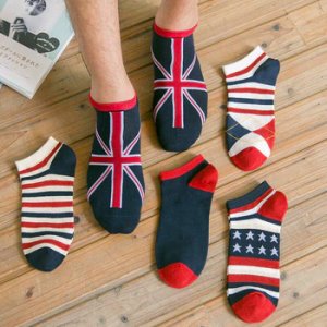 5 Pairs Men's Fashion National Flag Cotton Sock Slippers Breathable Male Non-Slip Invisible Boat Socks Striped Ankle Socks Meias