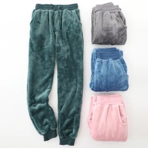 Autumn and winter flannel lovers pajamas men and women thick warm large size coral fleece home trousers solid long sleep pants