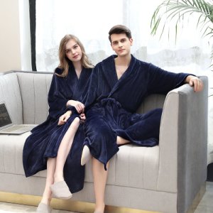 Autumn Winter Robe Solid Color Lace-up Flannel Couple Nightgown Pocket Long Home Robe