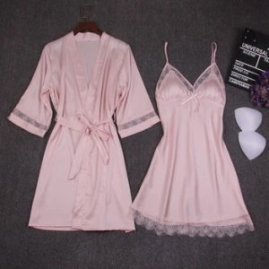 Autumn Women Nightgown Sets 2 Pieces Nightdress Bathrobe With Chest Pad Female Satin Kimono Bath Gown Sleepwear Pink Robes Suit
