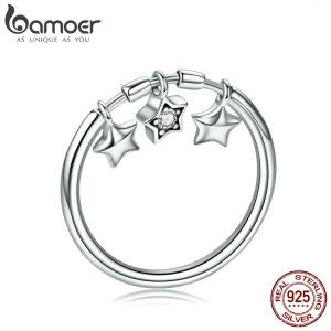 BAMOER 100% 925 Sterling Silver Fashion Sparkling Dangle Star Finger Rings for Women Wedding Engagement Ring Jewelry SCR406