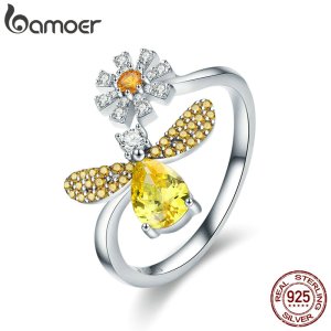 BAMOER 100% Authentic 925 Sterling Silver Fashion Bee with Daisy Flower Open Size Finger Ring for Women Party Jewelry SCR348