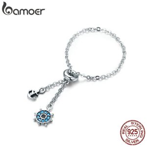 BAMOER 100% Authentic 925 Sterling Silver & Rudder Chain Link Adjustable Female Rings for Women Fine Jewelry Gift SCR236