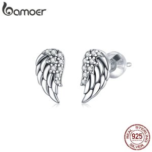 bamoer 100% Real 925 Sterling Silver Dazzling Vintage Wings Stud Earrings for Women Ear Stud Jewelry Fine Jewelry SCE882