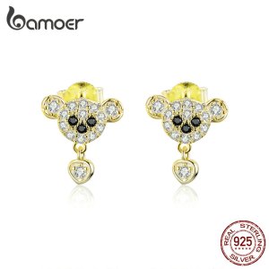 bamoer 100% Sterling Silver 925 Sir. Bear Animal Stud Earrings for Women Gold Color Clear CZ Paved Ear Pins Jewelry SCE788