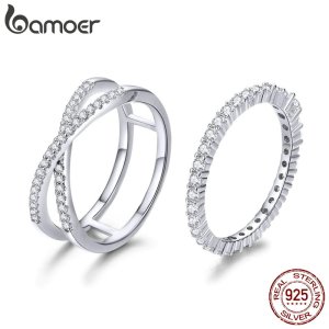 BAMOER 2pcs Authentic 925 Sterling Silver Dazzling CZ Geometric Finger Rings for Women Wedding Engagement Jewelry anel SCR463