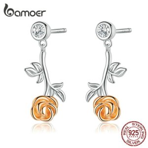 Bamoer 3D Rose Flower Branch Female Dangle Earrings for Women Authentic 925 Sterling Silver Luxury Jewelry Gifts for Girl BSE292