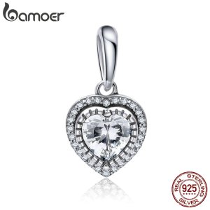 BAMOER 925 Sterling Silver Classic Dazzling Sweet Heart Charms Beads fit Women Bracelets & Necklaces DIY Jewelry Making SCC845
