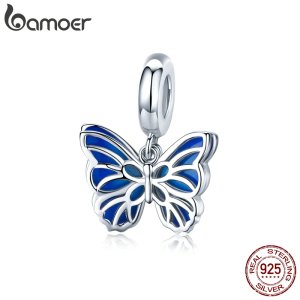 Bamoer 925 Sterling Silver Double Openwork Butterfly Pendant Charm for Bracelet Women Blue Enamel Fashion Jewelry Making BSC149