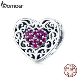 BAMOER 925 Sterling Silver European Love Heart Shape Beads Charms fit Women Necklaces Bangles Girlfriend Gift Jewelry SCC1109