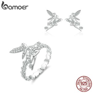 bamoer 925 Sterling Silver Flower Fairy Elf Rings and Stud Earrings for Women Jewelry Sets Wedding Statement Jewelry ZHS194