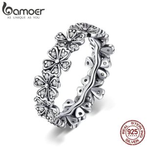 BAMOER 925 Sterling Silver Flowers Finger Rings Dazzling Daisy Meadow Stackable Ring, Clear CZ For Women Wedding Jewelry SCR397