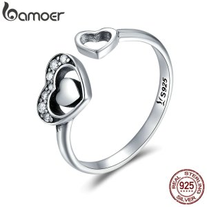 BAMOER 925 Sterling Silver Heart in Heart Pave CZ Open Finger Ring Crystal Rings for Women Authentic Silver Jewelry Gift SCR168