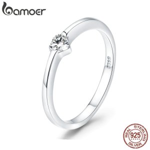 Bamoer 925 Sterling Silver Luminous Finger Ring Simple Heart Wedding Rings for Women Wedding Engagement Jewelry SCR450