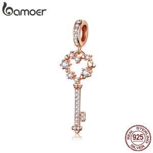 BAMOER 925 Sterling Silver Shining Heart Key Shape Pendant Charms fit Women Bracelets DIY Jewelry SCC1122