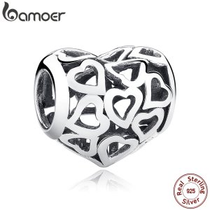 BAMOER 925 Sterling Silver Skeleton Heart Charms fit Bracelets & Necklace for Women Engagement Accessories SCC024