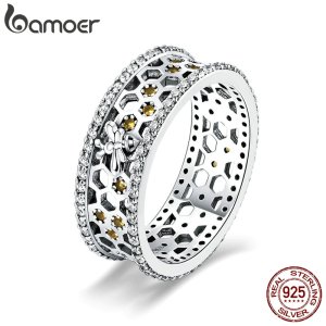 BAMOER 925 Sterling Silver Stackable Ring Charming Honey Hive Bee Wide Finger Rings for Women Sterling Silver Jewelry SCR391
