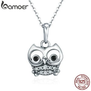 BAMOER Authentic 100% 925 Sterling Silver Animal Cute Owl Necklace Women Pendant Necklace Sterling Silver Jewelry SCC341