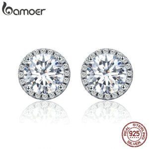 BAMOER Authentic 100% 925 Sterling Silver Dazzling Clear CZ Small Stud Earrings for Women Wedding Engagement Jewelry SCE358