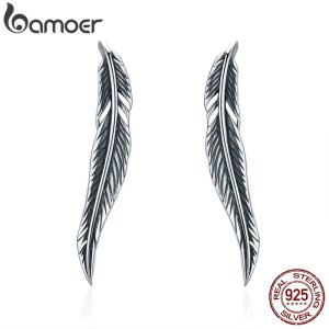 BAMOER Authentic 100% 925 Sterling Silver Feathers Wing Stud Earrings With White Clear CZ for Women Anniversary Jewelry SCE258