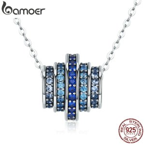 BAMOER Authentic 100% 925 Sterling Silver Gradual Change Round Wheel Blue Melody Pendant Necklaces for Women Fine Jewelry Gift