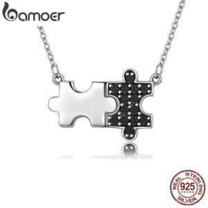 BAMOER Authentic 925 Sterling Silver Black CZ & Mystery Puzzle Square Pendant Necklace Women Sterling Silver Jewelry SCN129