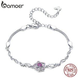 BAMOER Authentic 925 Sterling Silver Blooming Peach Love Flower Lobster Bracelets for Women Sterling Silver Jewelry Gift BSB005