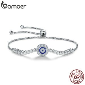 BAMOER Authentic 925 Sterling Silver Blue Eye Tennis Bracelet for Women Adjustable Chain Bracelet Sterling Silver Jewelry SCB033
