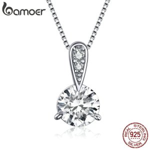 BAMOER Authentic 925 Sterling Silver Clear CZ Radiant Dazzling Minimalist Pendant Necklace for Women Box Chain Necklace SCN314