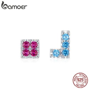 bamoer Authentic 925 Sterling Silver Colorful Tetris Childhood Game Stud Earrings for Women Anti-allergy Silver Jewelry BSE365