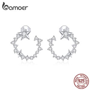 bamoer Authentic 925 Sterling Silver dazzling Round Stars Stud Earrings for Women Silver 925 Jewelry Anti-allergy Gifts BSE360