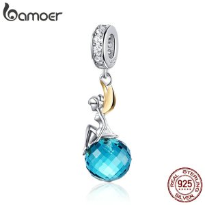 BAMOER Authentic 925 Sterling Silver Elf Planet Blue Zircon Pendant Charms fit Original Necklaces & Bangles Jewelry Gift BSC056