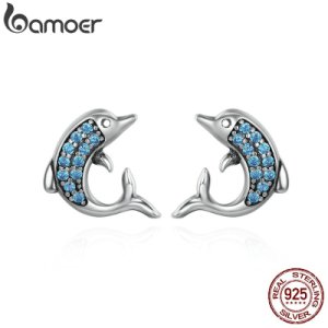 BAMOER Authentic 925 Sterling Silver Exquisite Animal Dolphins Stud Earrings for Women Fashion Sterling Silver Jewelry SCE223