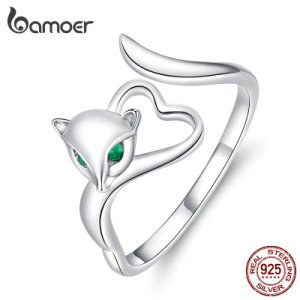 Bamoer Authentic 925 Sterling Silver Fox Animal Open Finger Rings for Women Heart Adjustable Free Size Ring 2019 New BSR090
