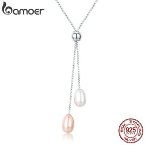 BAMOER Authentic 925 Sterling Silver Glittering Freshwater Pearl Women Long Chain Pendant Necklace Silver Jewelry Gift SCN189
